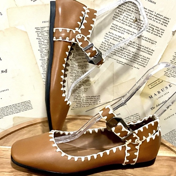 Free People Mystic Mary Jane Buckle Flat Tan Leather Ivory Crochet Trim - Picture 3 of 10